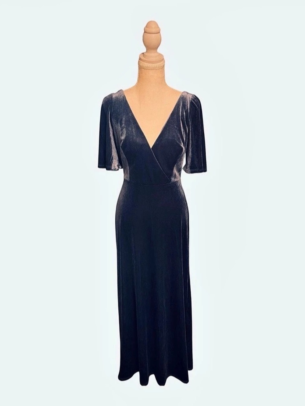 Romantic Ever Pretty Slate Blue Velvet Maxi Gown S 4 Flutter Sleeve Whimsigoth